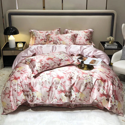Floral bedding set on a bed in a bedroom setting with nightstands and decor.