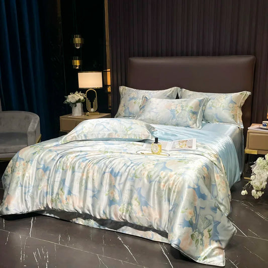 Bedroom with floral bedding set on a bed, nightstands, and decorative elements.