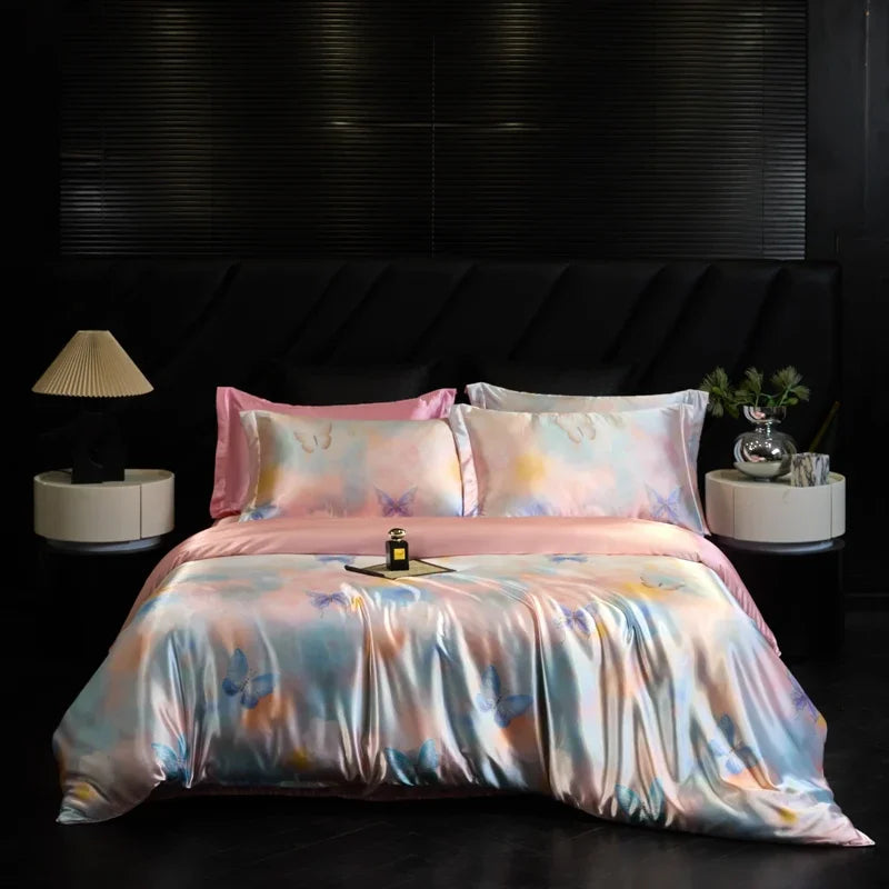 Bed with colorful bedding set in a dark bedroom setting