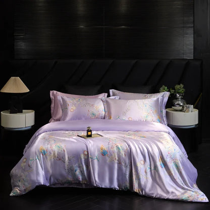Purple floral bedding set on a bed with a dark headboard and nightstands.