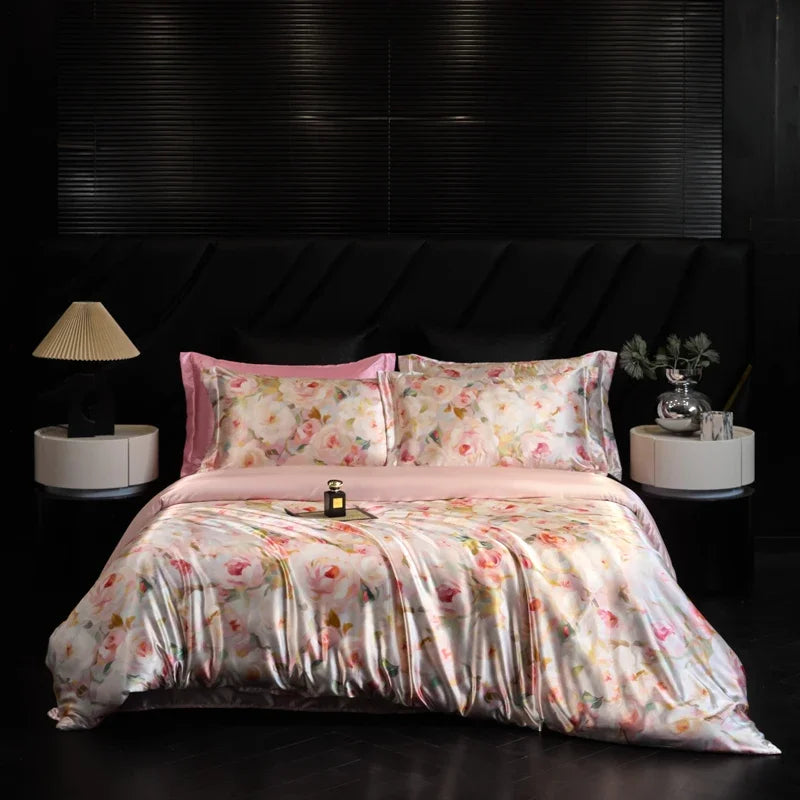Floral bedding set on a bed with a dark headboard and nightstands.