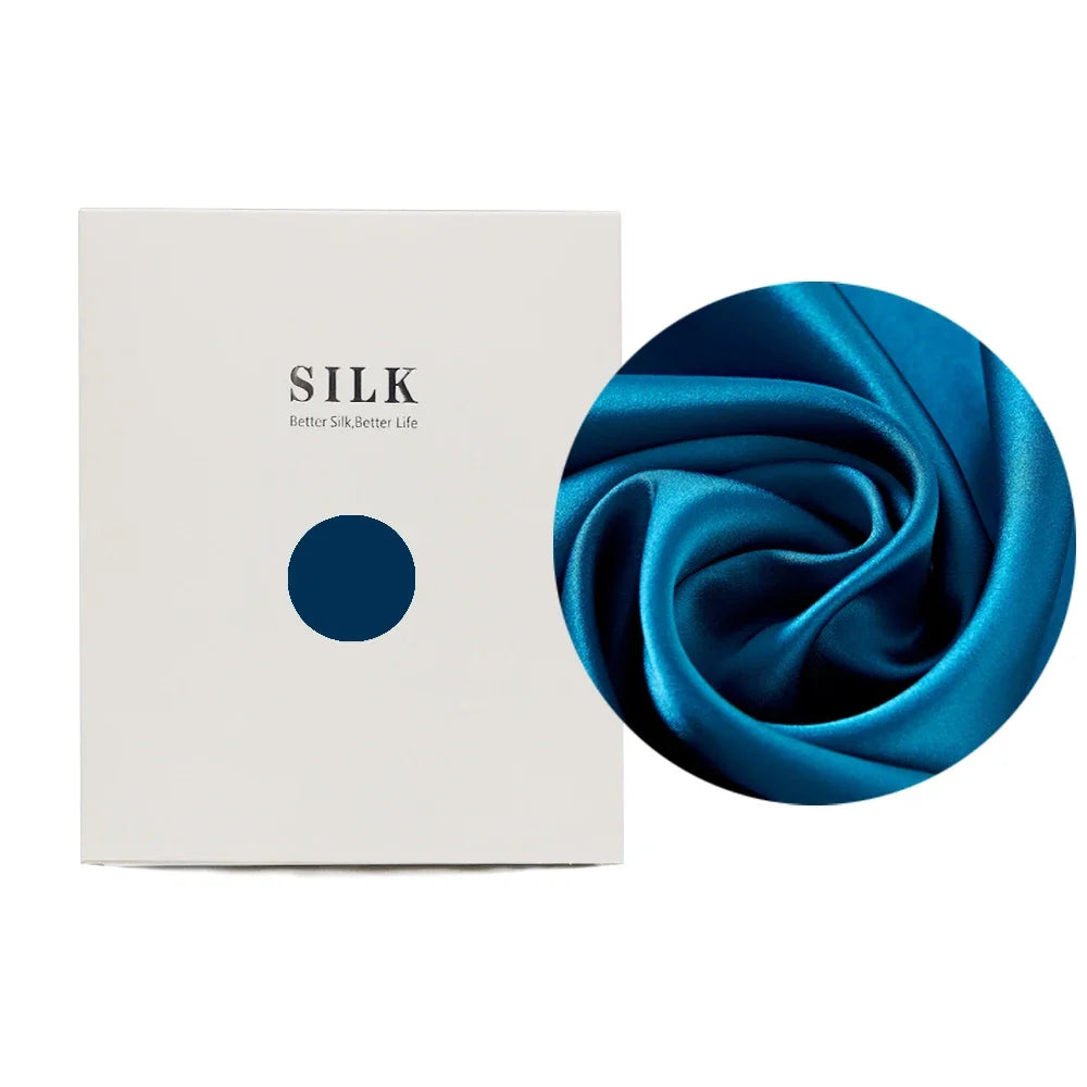 Blue silk fabric with a close-up and a white box labeled 'Silk' on a white background