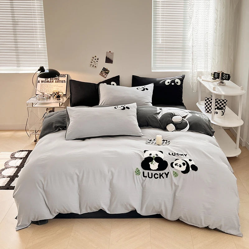 Bedding set with panda design on a bed in a bedroom