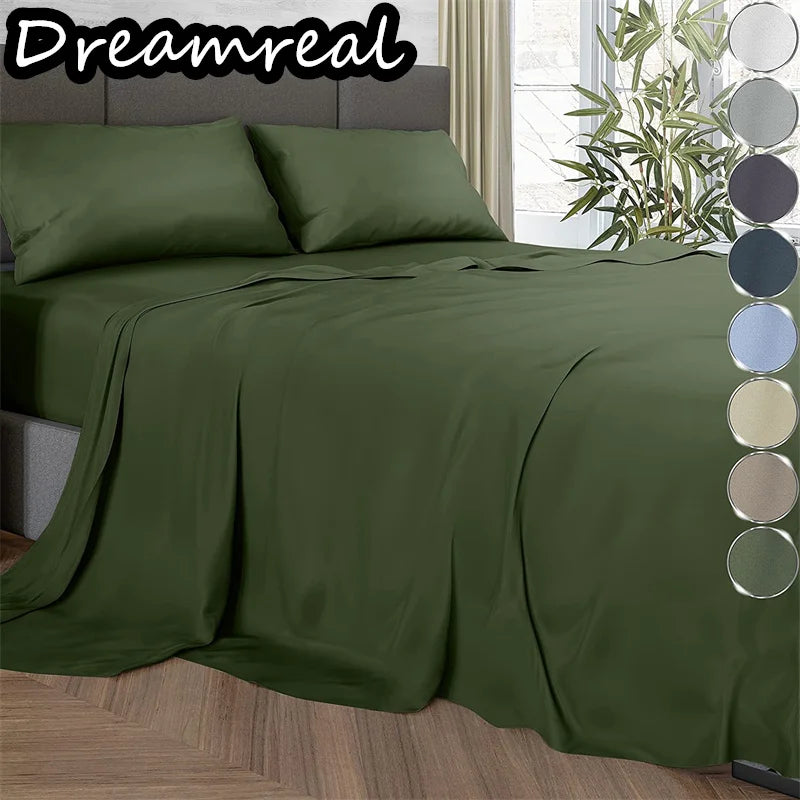 Green bed sheet set on a bed with color swatches on the side.