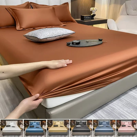 Brown fitted sheet being adjusted on a bed with additional images of the product in different colors.
