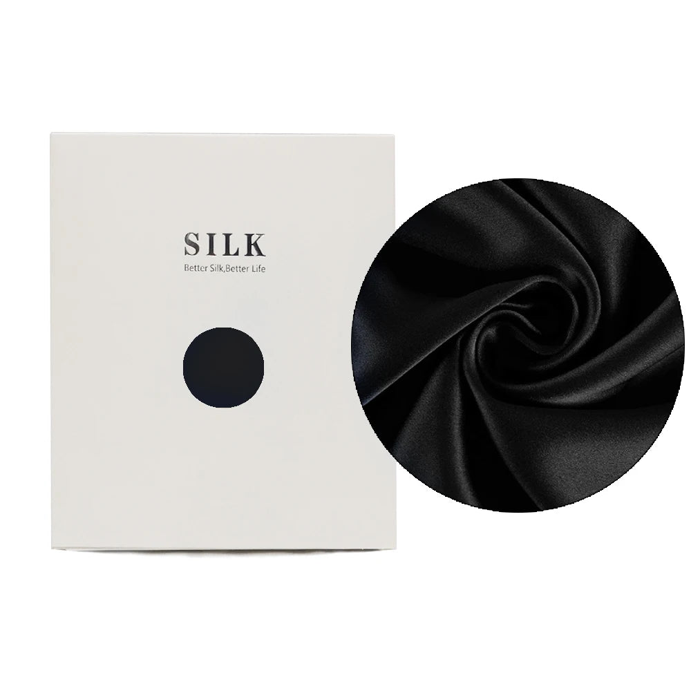 Black silk fabric with a close-up and a branded box on a white background