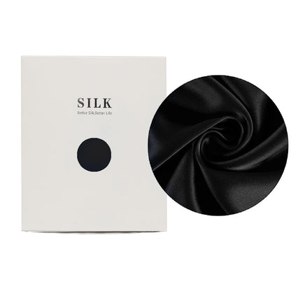 Black silk fabric with a close-up and a branded box on a white background