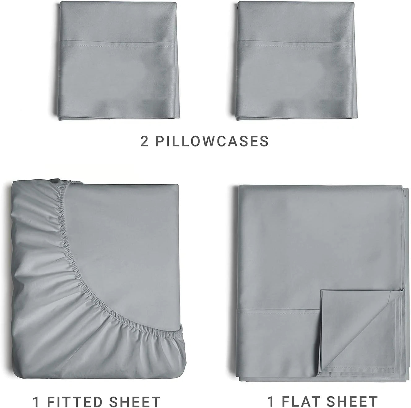 Set of gray bedding including two pillowcases, a fitted sheet, and a flat sheet on a white background.