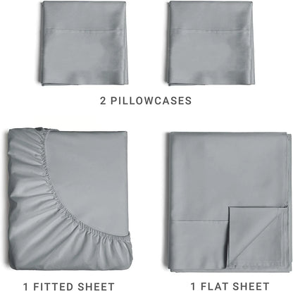 Set of gray bedding including two pillowcases, a fitted sheet, and a flat sheet on a white background.