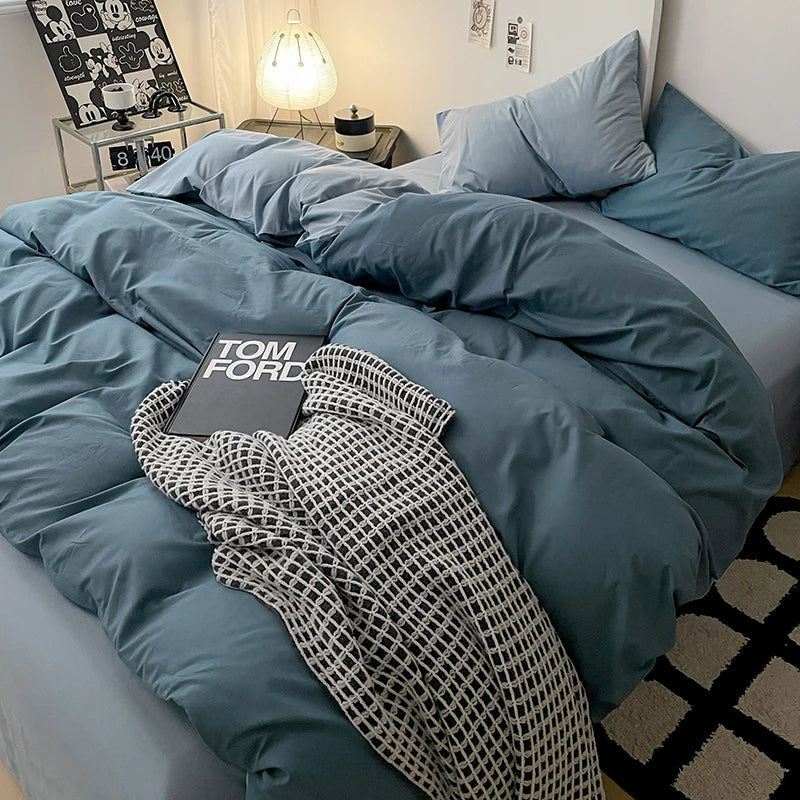 Simple Blue Solid Color Bedding Set Soft Brushed Duvet Covers Pillowcase