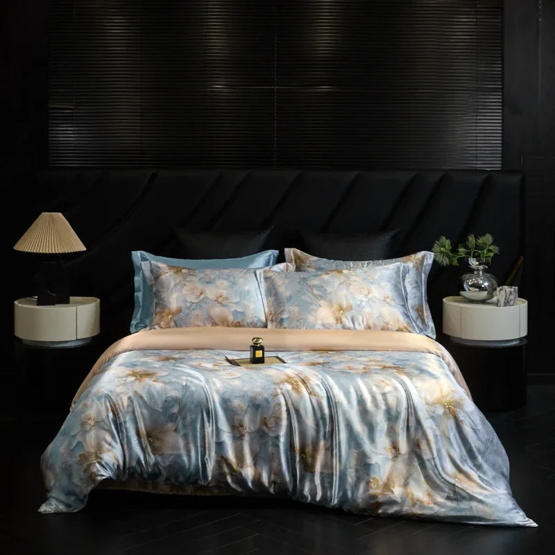 Bed with floral bedding in a darkly decorated room