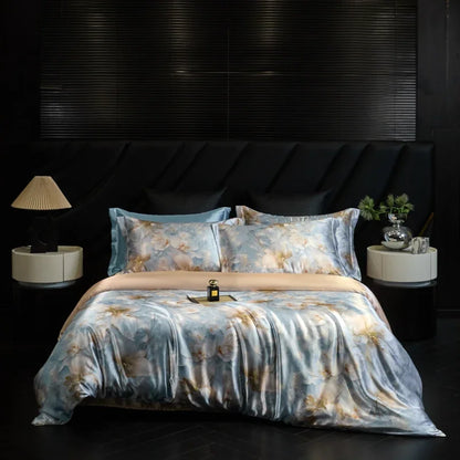 Bed with floral bedding in a darkly decorated room