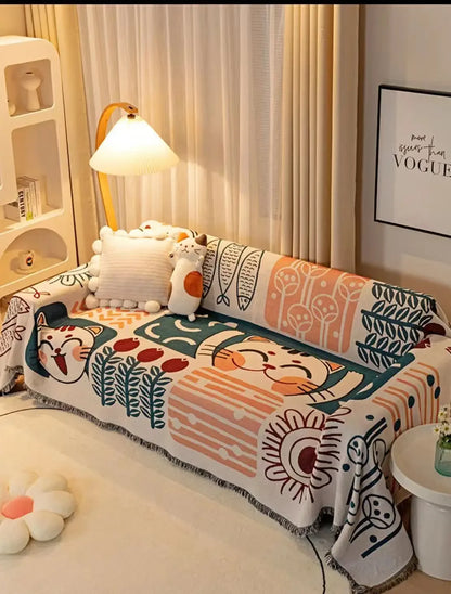 Decorative sofa cover with cartoon design in a cozy living room setting.