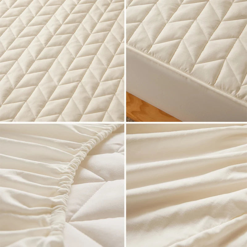 Collage of a beige quilted mattress cover with close-up details on a wooden surface.