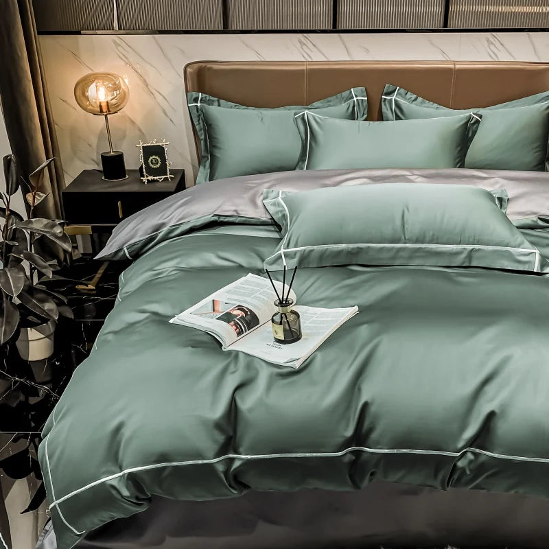 Green bedding set on a bed in a bedroom setting with decor elements.