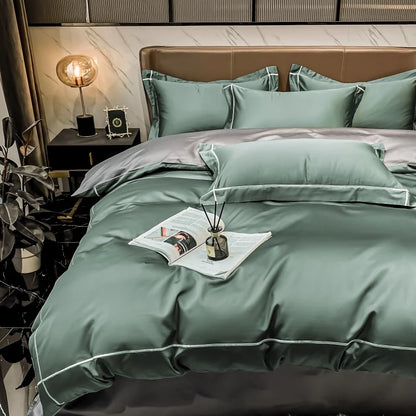 Green bedding set on a bed in a bedroom setting with decor elements.