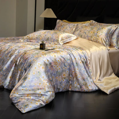Floral patterned bedding set on a bed with a lamp in the background