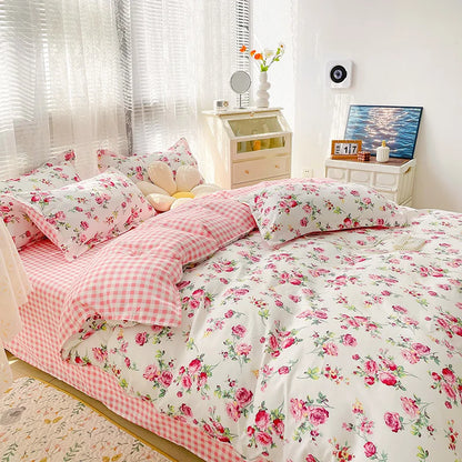 Bedroom with floral and checkered bedding