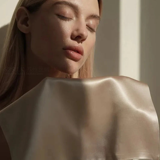 Close-up of a person wearing a beige garment with a neutral background