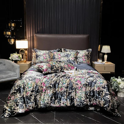 Floral bedding set on a bed in a stylish bedroom with dark walls and decor.