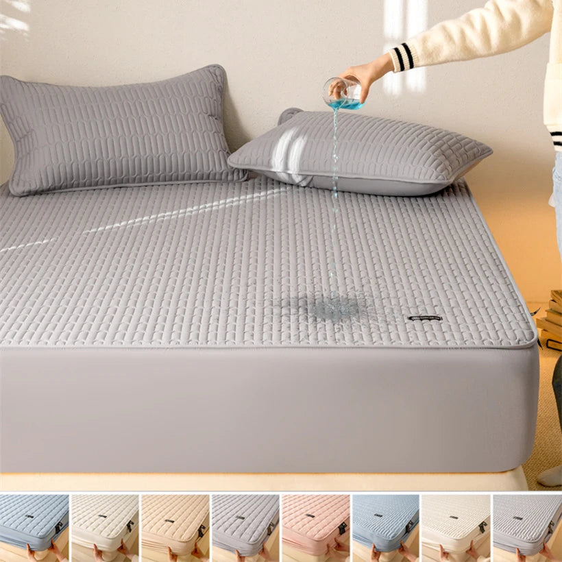 Gray mattress cover with a person pouring water onto it, with color swatches below.