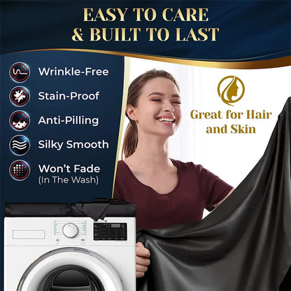 Woman holding fabric next to a washing machine with product features listed on a blue background