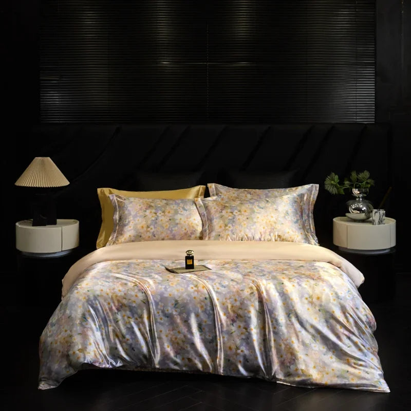 Floral patterned bedding set on a bed in a darkly decorated room.