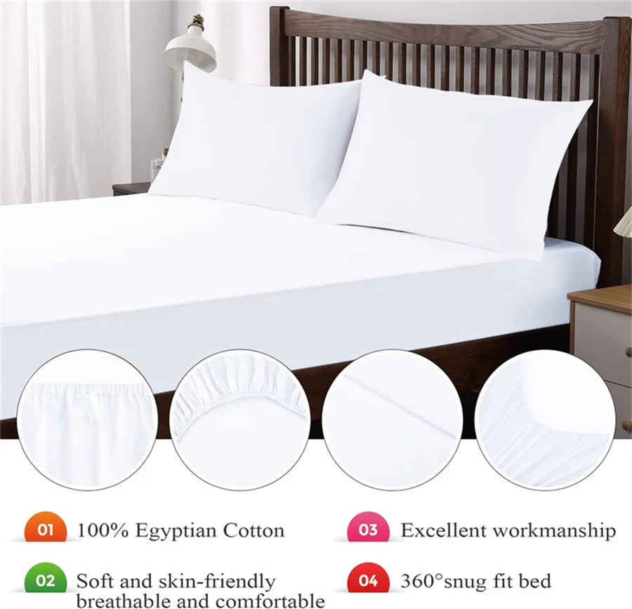 White bed sheets on a bed with text highlighting features