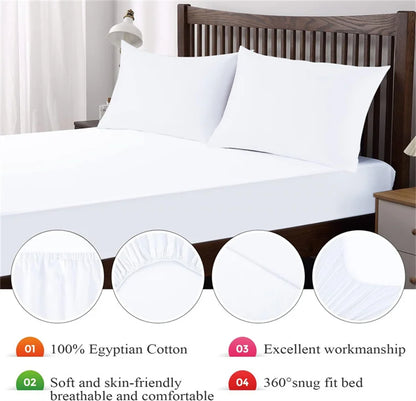 White bed sheets on a bed with text highlighting features