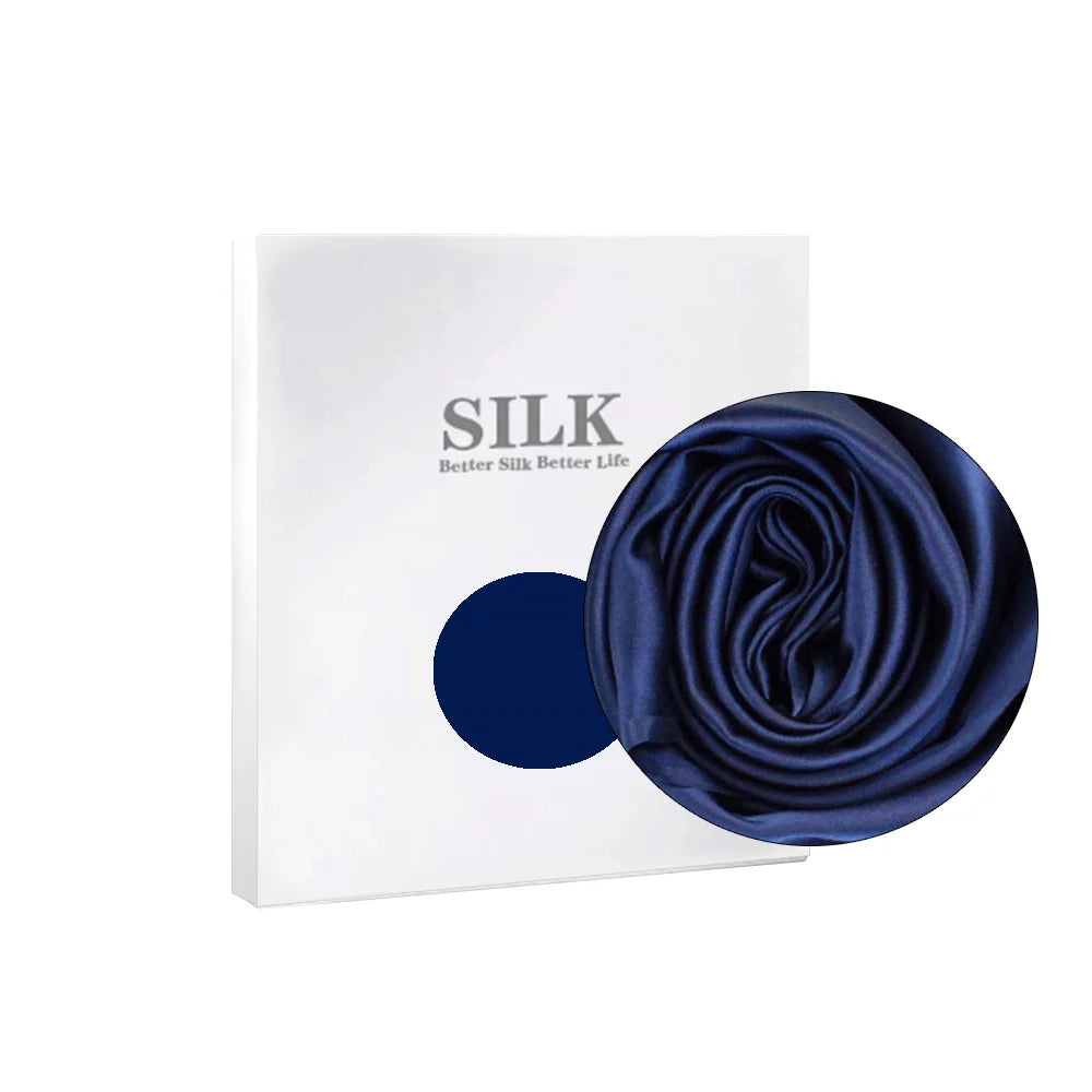 Navy blue silk fabric with a white box labeled 'Silk' on a white background