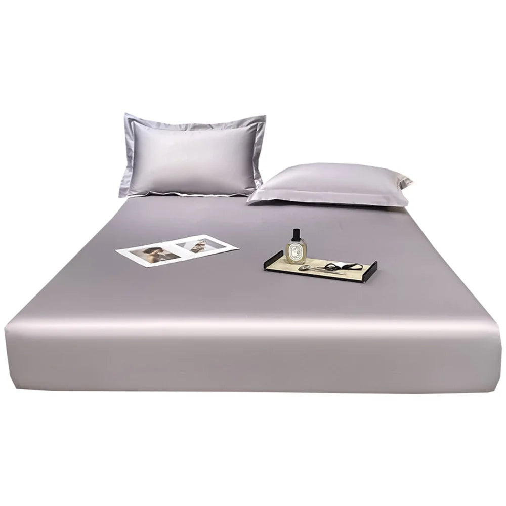 Silky silver bed sheet set with matching pillowcases on a white background