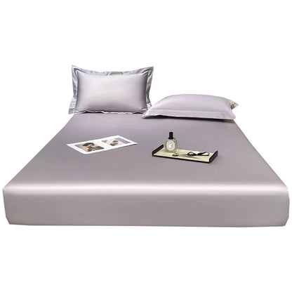 Silky silver bed sheet set with matching pillowcases on a white background