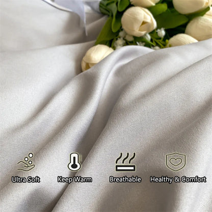 Silky fabric with a bouquet of white flowers and product feature icons on a light gray background