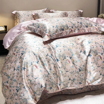 Floral patterned bedding set on a bed with pillows and a nightstand.