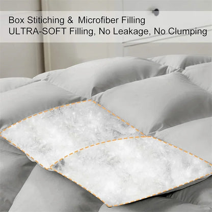 Gray comforter with box stitching and microfiber filling on a bed