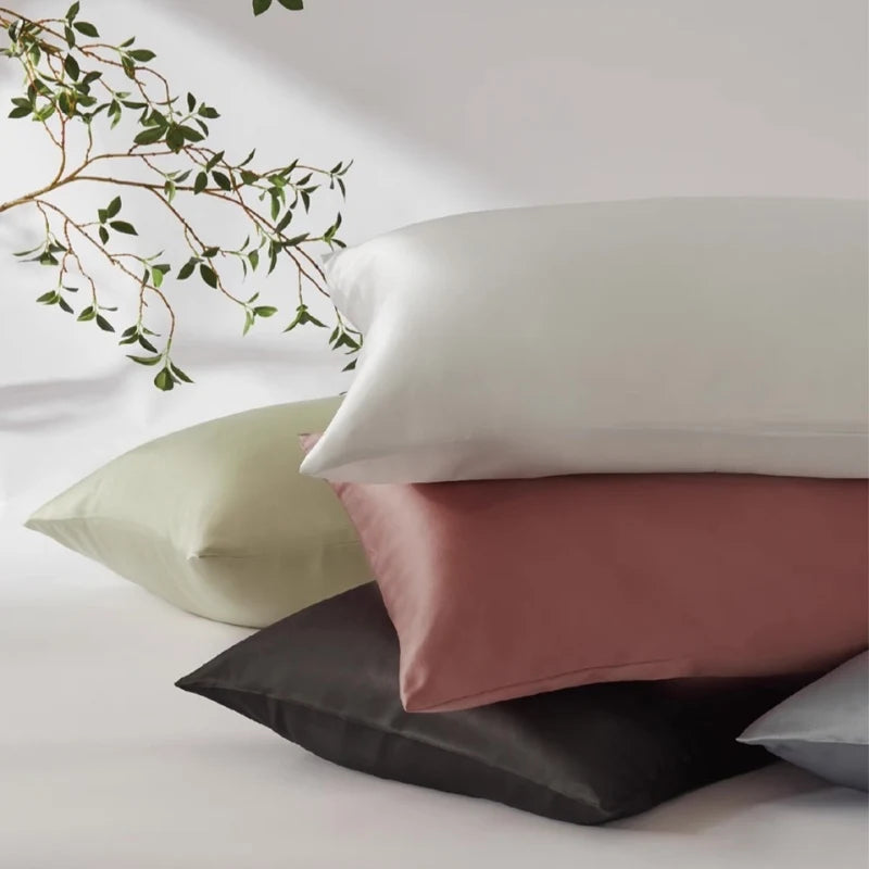 Set of four pillows in different colors on a white background with a branch in the corner.