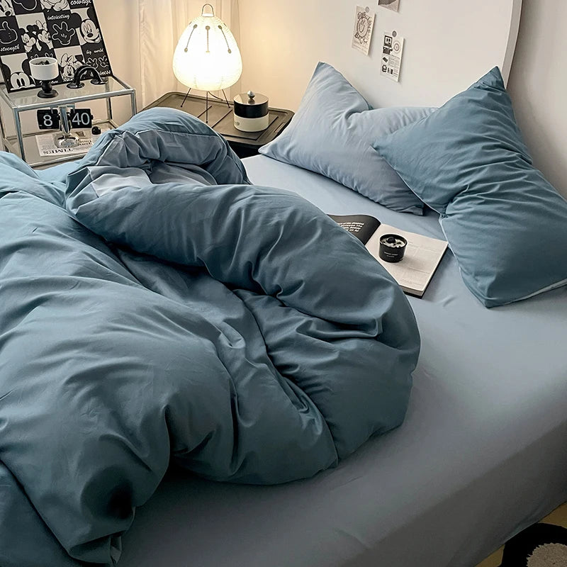 Simple Blue Solid Color Bedding Set Soft Brushed Duvet Covers Pillowcase