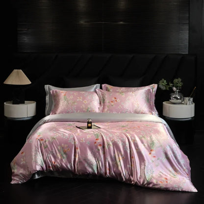 Pink floral bedding set on a bed in a darkly decorated room.