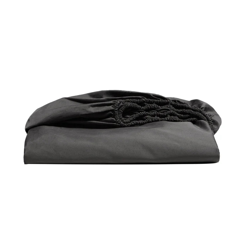 Folded dark gray fitted sheet on a white background