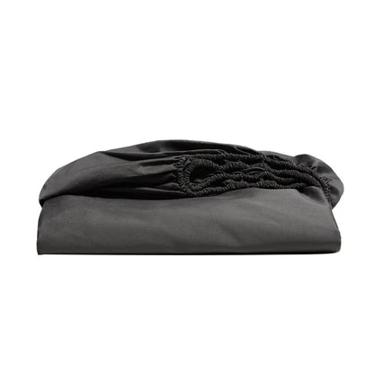 Folded dark gray fitted sheet on a white background