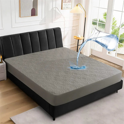 Gray mattress cover on a bed with water being poured onto it in a bedroom setting.