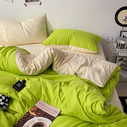 Bed with green and beige bedding, pillows, and a book titled 'Food Gather' on a white background.