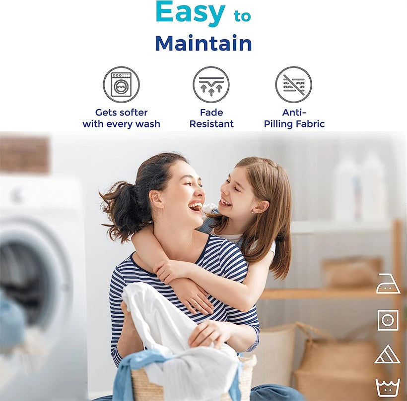 Woman and child hugging with laundry in a room, featuring text 'Easy to Maintain' and icons.