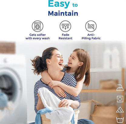 Woman and child hugging with laundry in a room, featuring text 'Easy to Maintain' and icons.