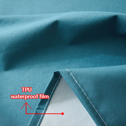 Close-up of blue fabric with TPU waterproof film label