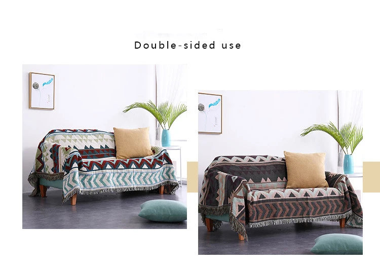 Two views of a patterned throw blanket on a sofa with text 'Double-sided use'.