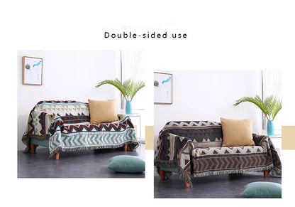Two views of a patterned throw blanket on a sofa with text 'Double-sided use'.