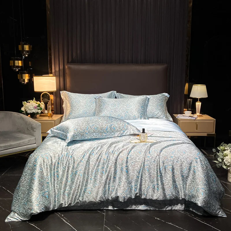 Bed with decorative bedding in a stylish bedroom setting