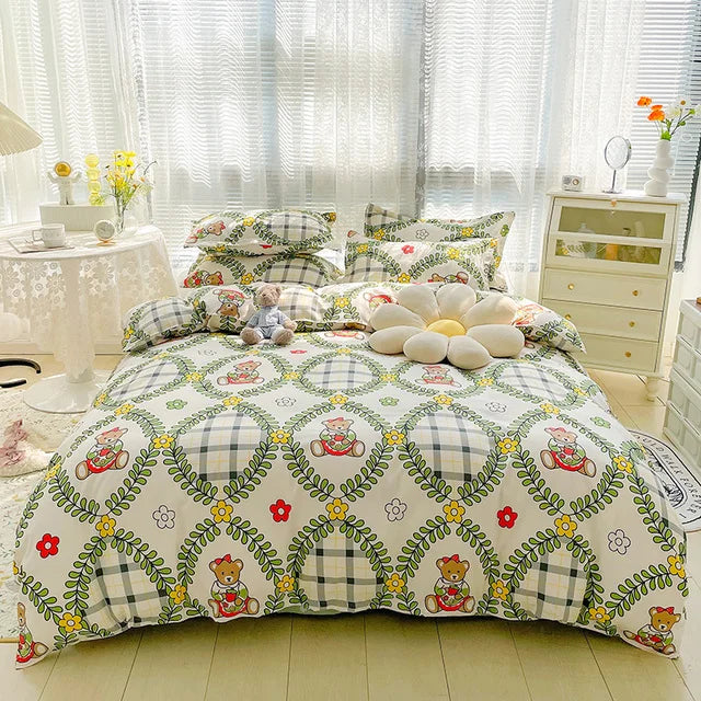 Bedding set with teddy bear design in a bedroom setting