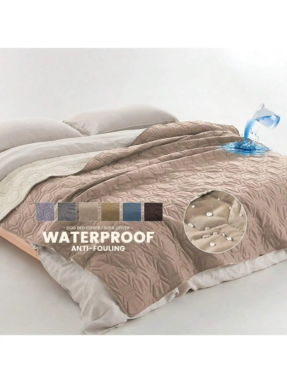 Waterproof anti-fouling blanket on a bed with color swatches and product details.